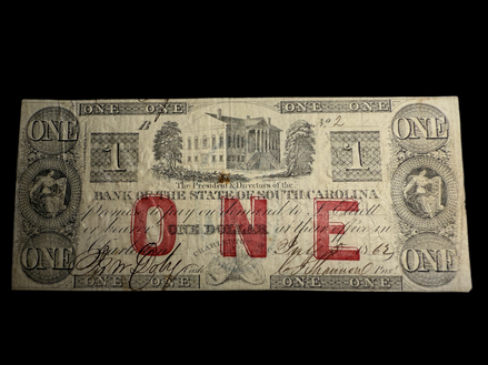 1862 Obsolete State Bank of SC $1 Note EXTREMELY LOW SERIAL NUMBER (#2)
