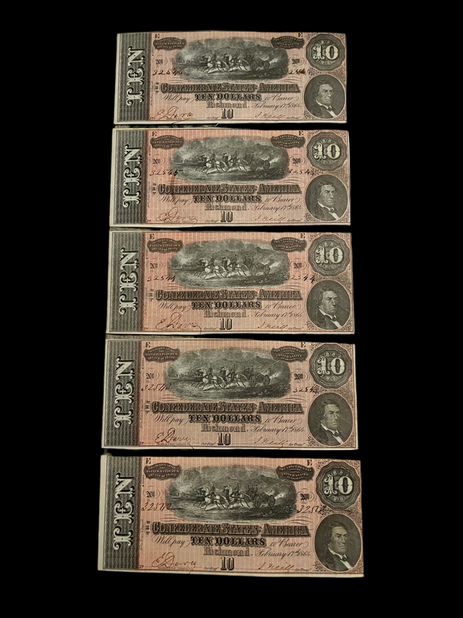5 Consecutive CSA 10$ 1864 T-68 Notes Gem Mint UNC Ungraded