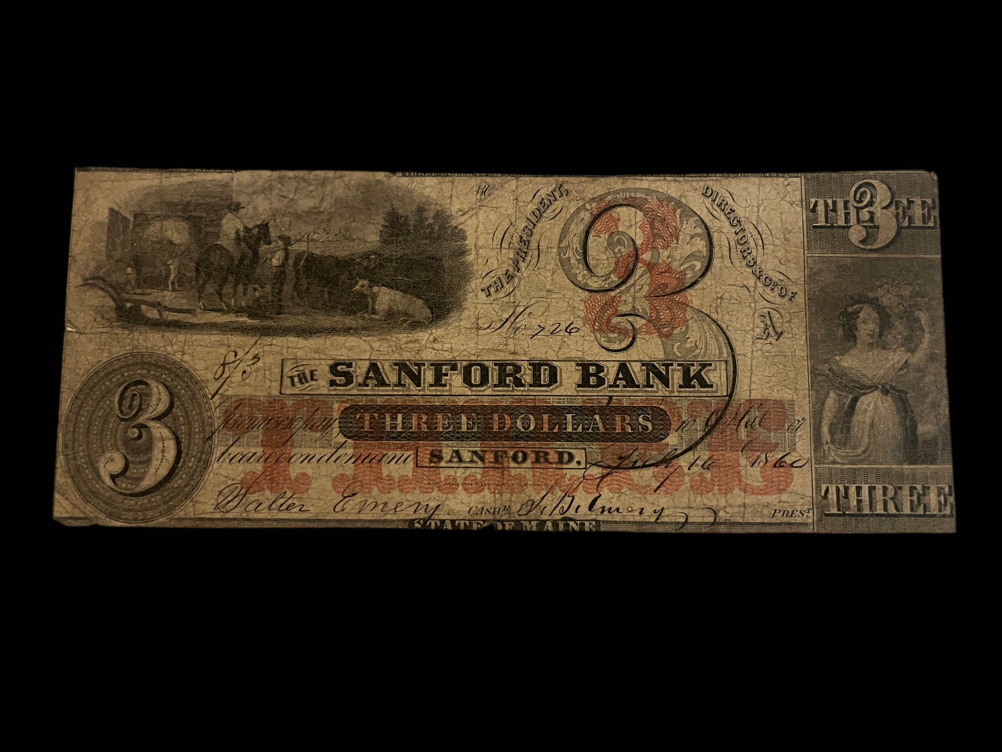 1860 State of Maine Sanford Bank $3 Obsolete US note FN