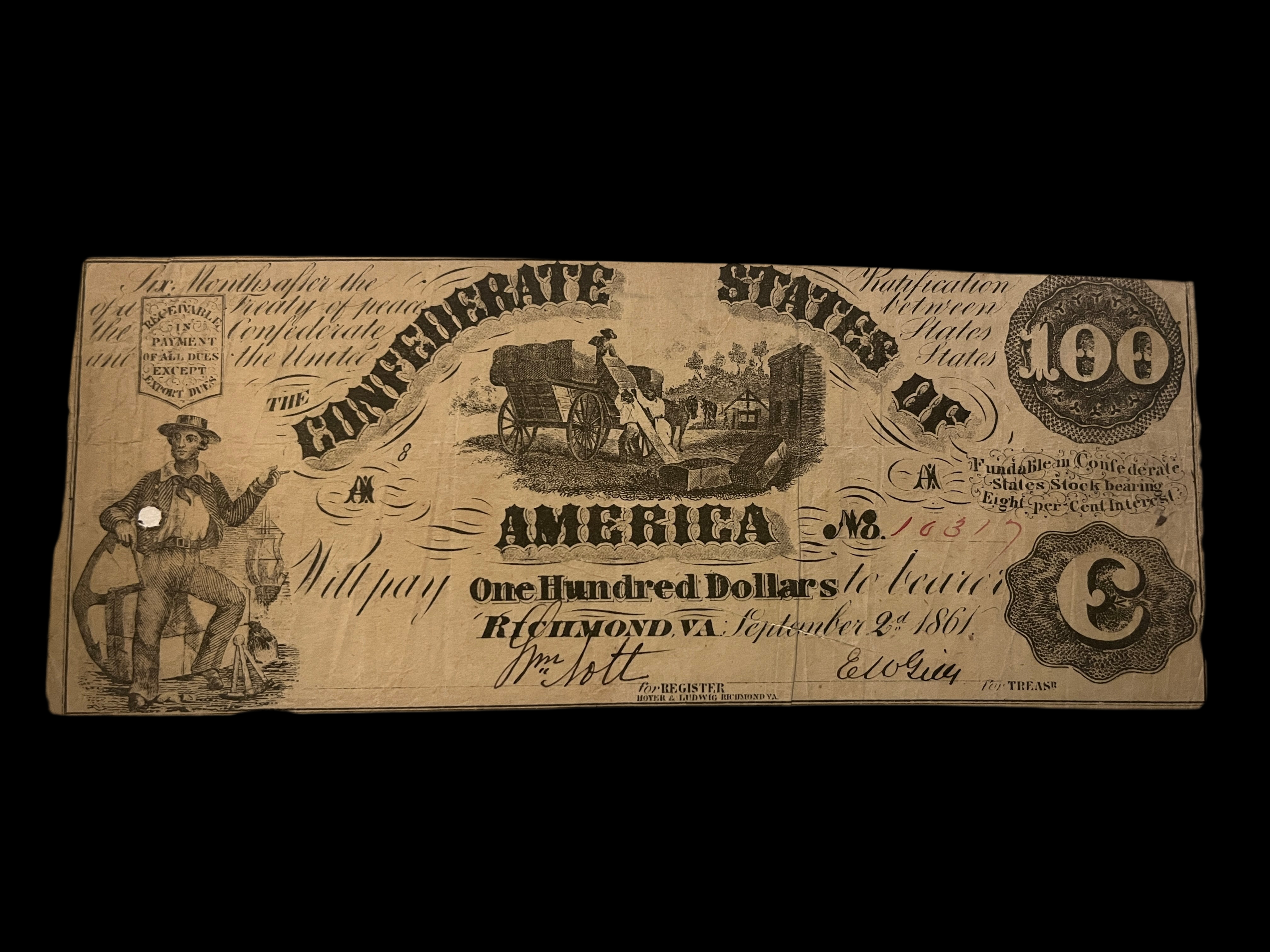 1861 CSA $100 T-13 VF