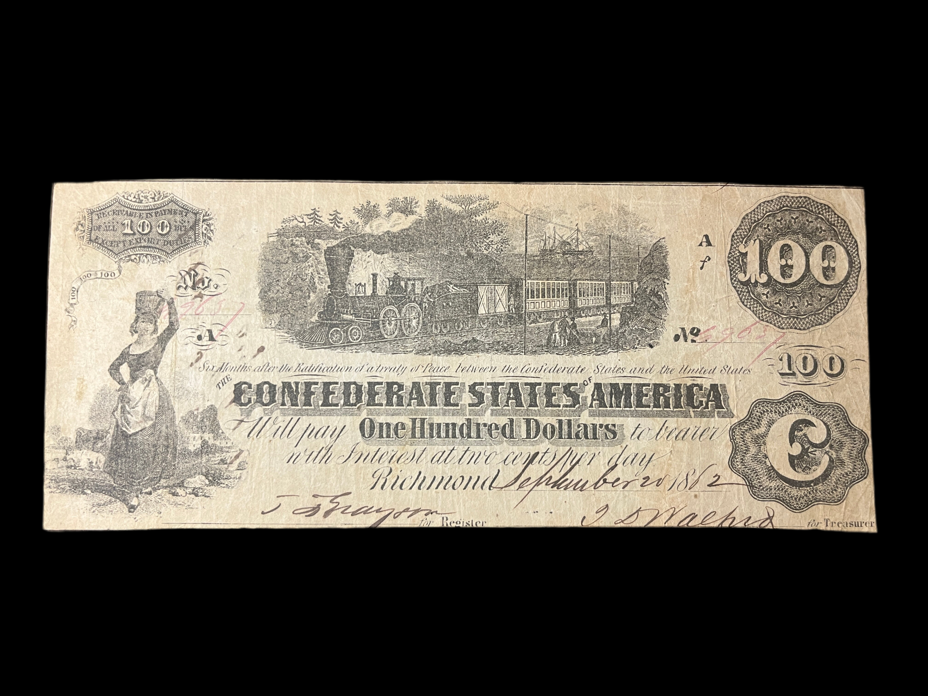 1862 Train Cartouche Confederate 100$ Note XF - AU