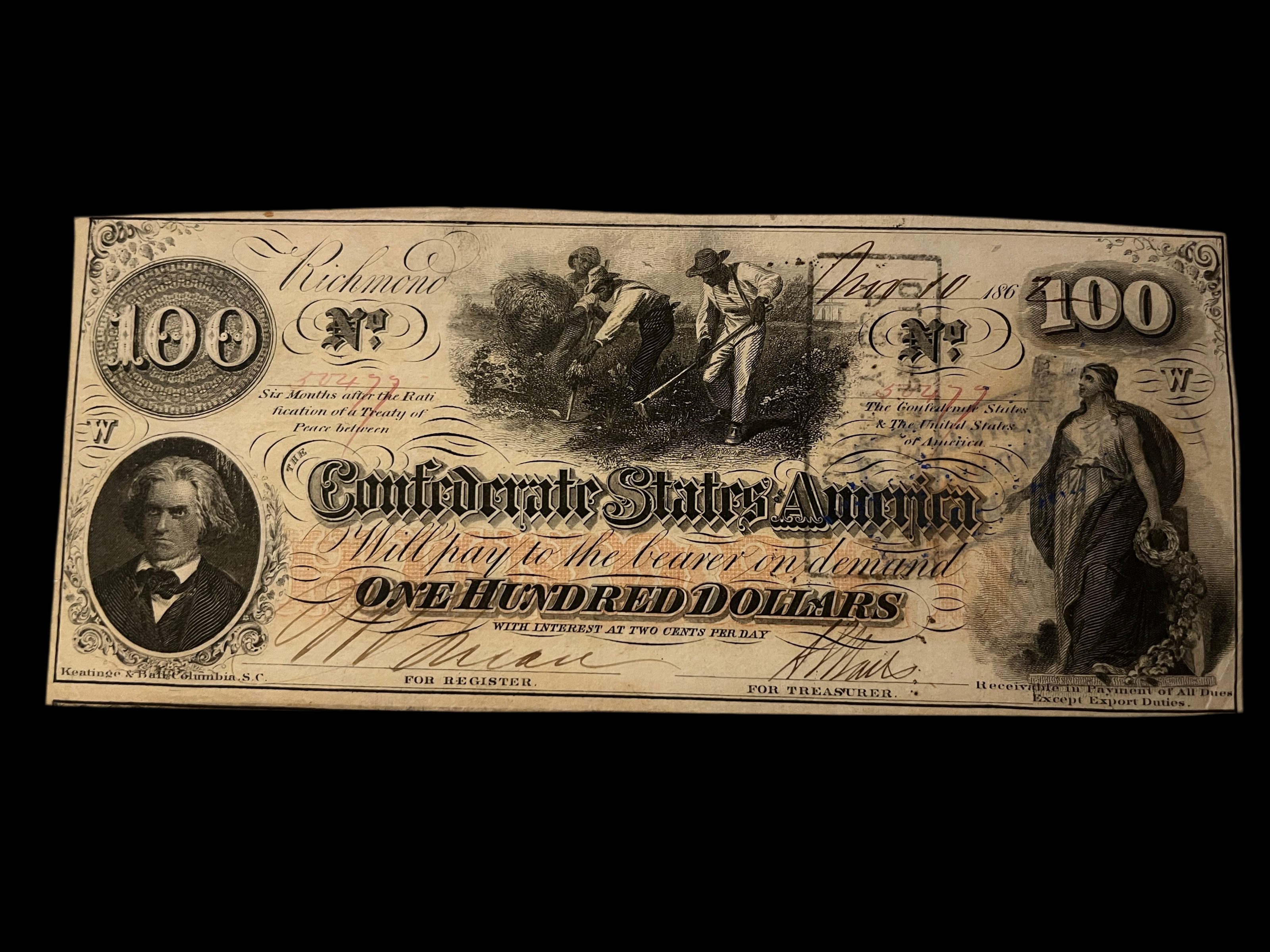 1862 $100 CSA T-41 AU-MS W/ Interest Stamps