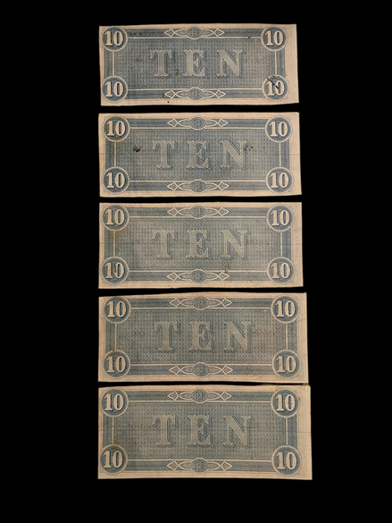 5 Consecutive CSA 10$ 1864 T-68 Notes Gem Mint UNC Ungraded