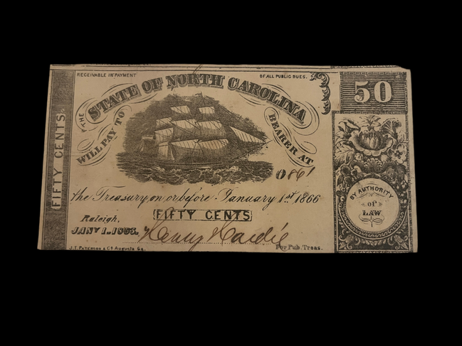 1866 State of North Carolina 50c Fractional US Obsolete Note AU