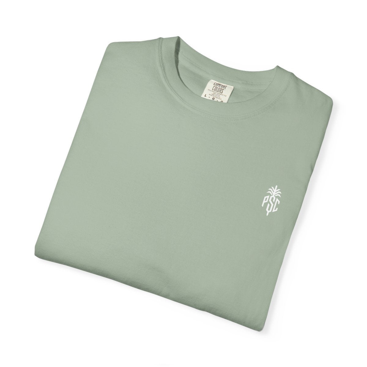 Green t-shirt with PSC text on a white background