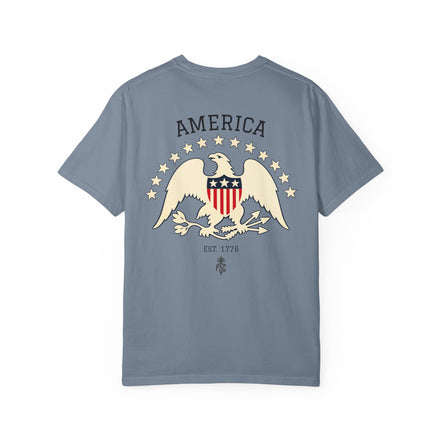Blue t-shirt with an eagle and 'America' design on a white background
