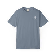 Light grey t-shirt with a small logo on a white background