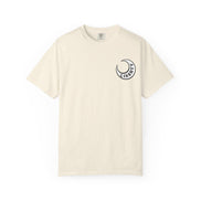Beige t-shirt with a black logo on a white background