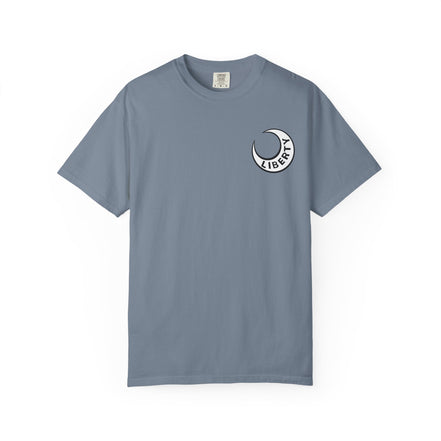 Gray t-shirt with Liberty logo on a white background