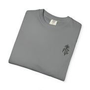 Folded gray t-shirt with a small logo on a white background