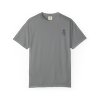 Grey t-shirt with a small logo on a white background