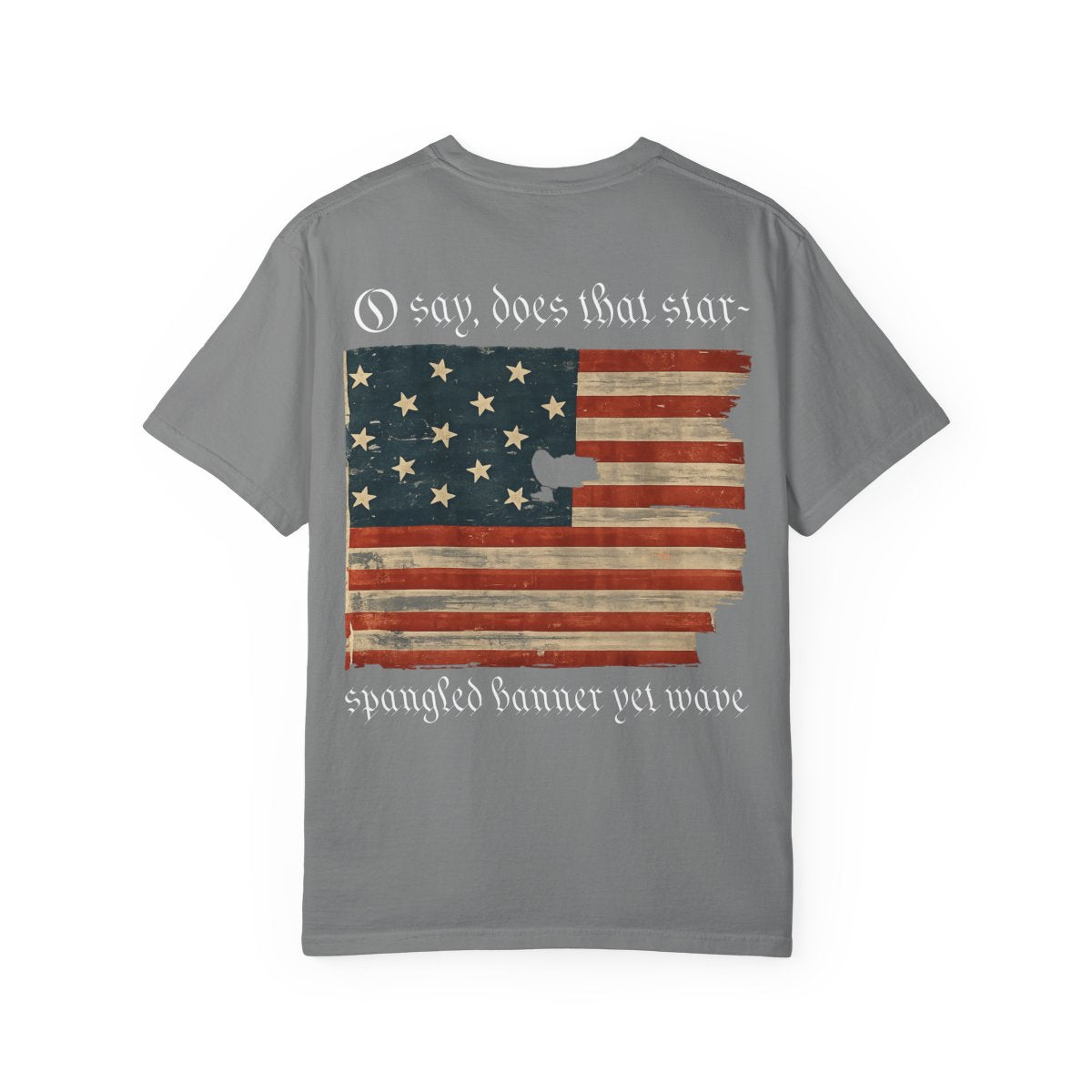 Gray t-shirt with American flag design and text on a white background
